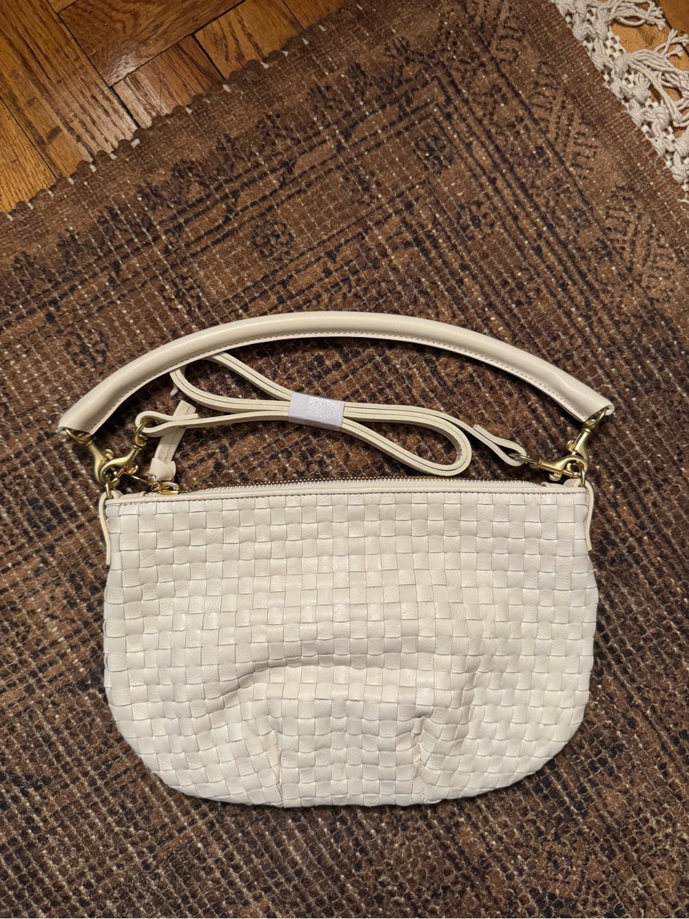 Clare V. Petit Moyen Woven Leather Shoulder Bag in Cream